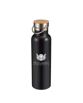 21 Oz Black Modern Double Wall Stainless Steel and Bamboo Bottle