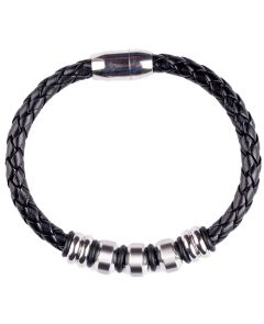 Braided Black Leather and Stainless Steel Bracelet