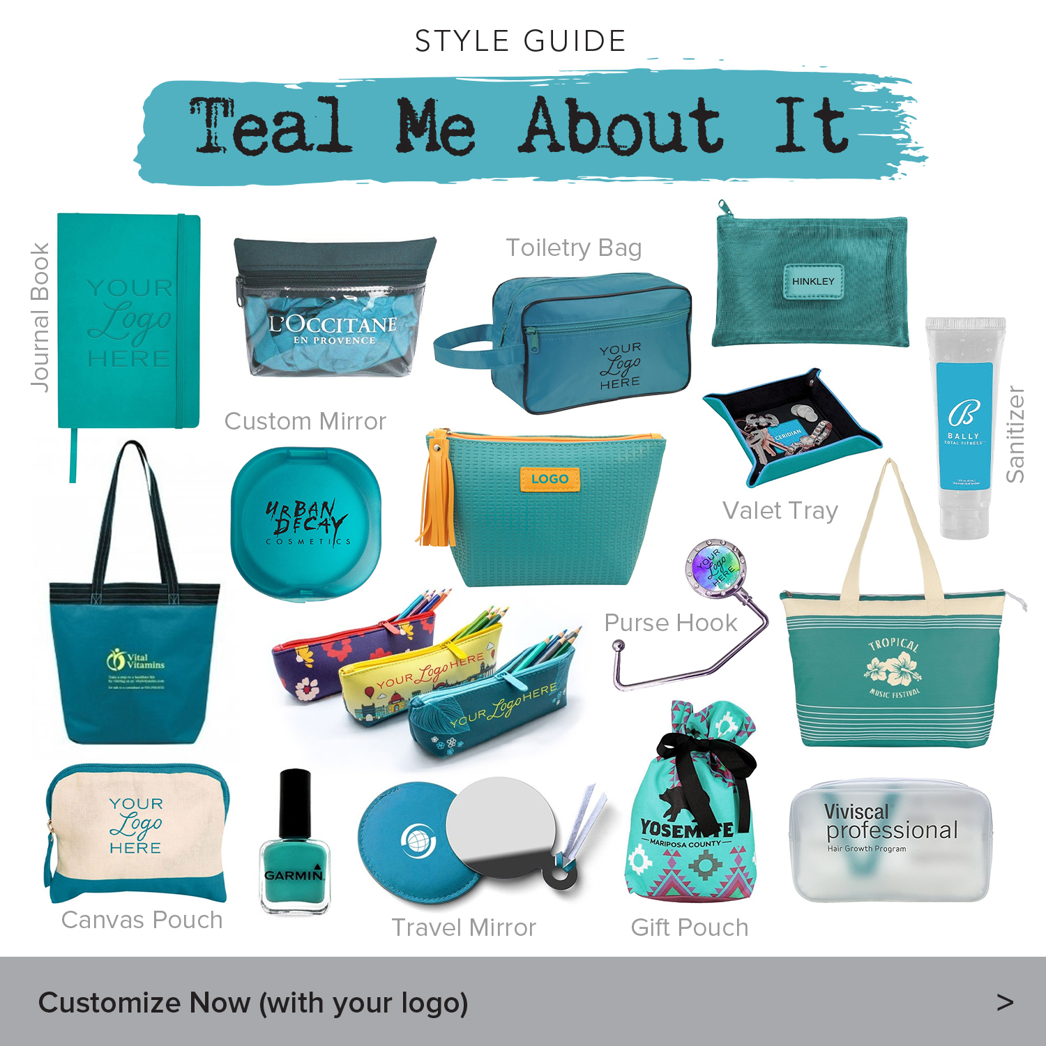 teal custom cosmetic bags and ladies promotional items