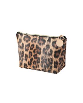 Premium Crosshatch Leopard Print Leatherette Cosmetics Case with Logo Zipper