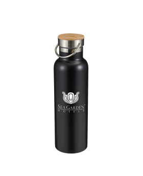 21 Oz Black Modern Double Wall Stainless Steel and Bamboo Bottle