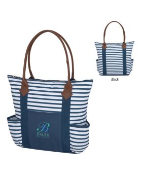 Top Zippered Stripes PolyCanvas Tote with Pocket and Leatherette Handles