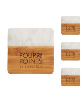 Designer Two-Tone Marble and Natural Bamboo Set of 4 Coasters