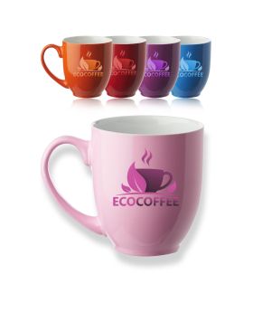 flourescent logo mugs in orange red purple